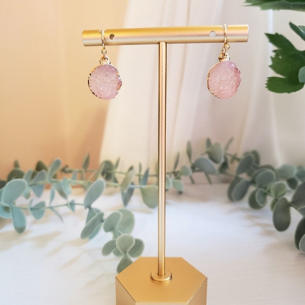 𝅺GOLDTONE Trimmed Light Rose Druzy Disk Earrings